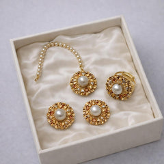 Gold Plated Studs Earrings & Bindiya With Adjustable Ring-02 (Pearl)