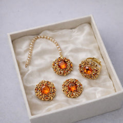 Gold Plated Studs Earrings & Bindiya With Adjustable Ring-02 (Sunset Orange Crystal)