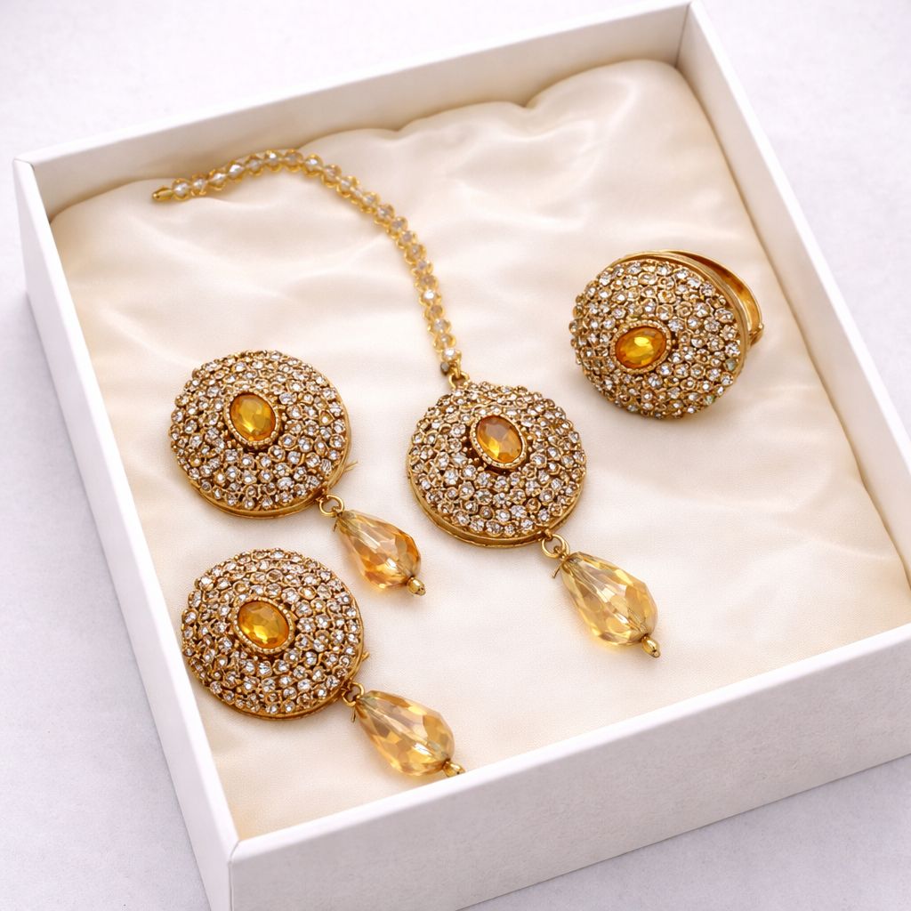 Gold Plated Studs Earrings & Bindiya With Adjustable Ring-03 (Golden)