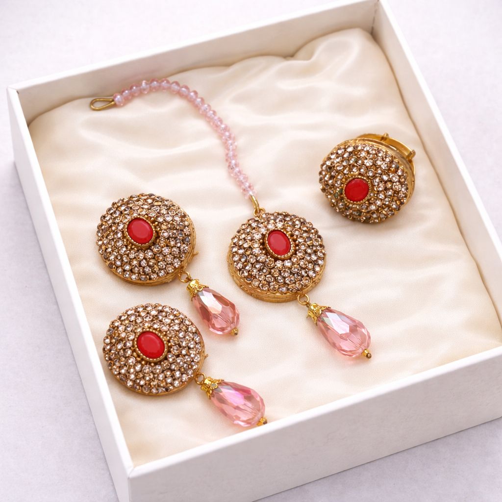 Gold Plated Studs Earrings & Bindiya With Adjustable Ring-03 (Pink)