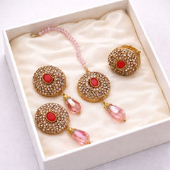 Gold Plated Studs Earrings & Bindiya With Adjustable Ring-03 (Pink)