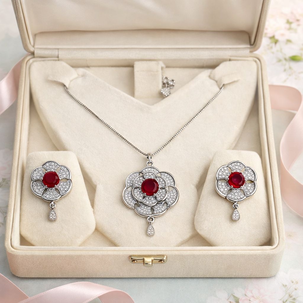 Zircon Locket Set-142 (Silver) (Maroon)