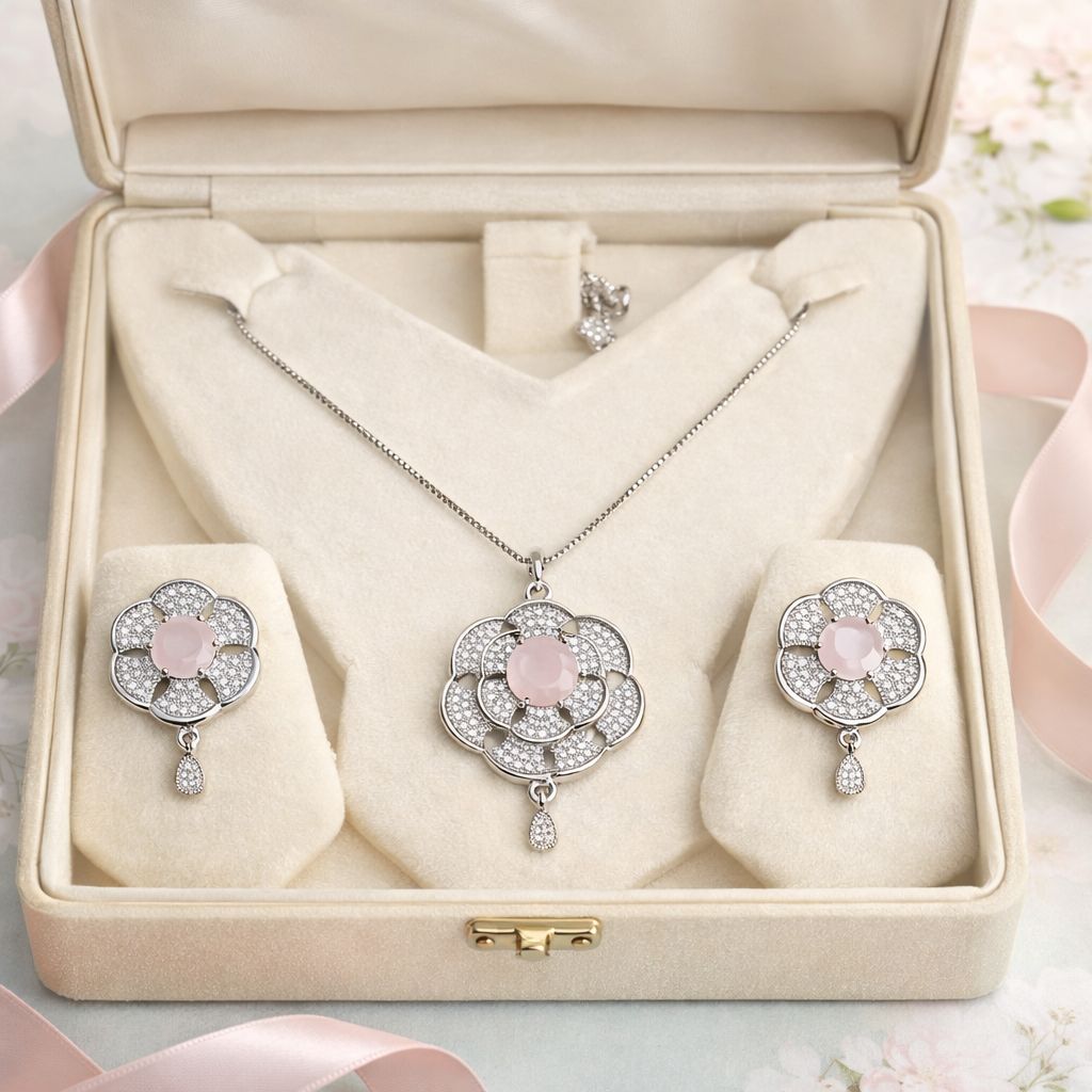 Zircon Locket Set-142 (Silver) (Pink)