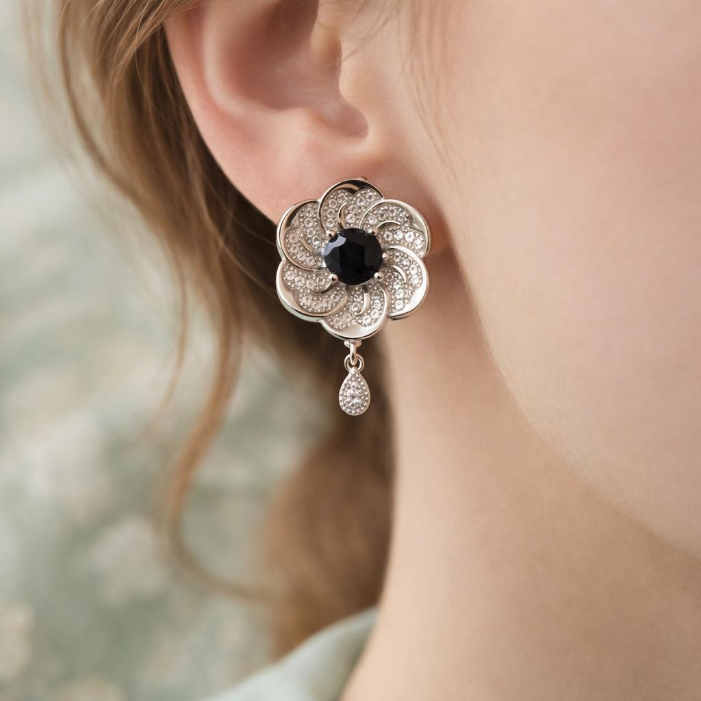 Zircon Earring-150 (Silver) (Black)
