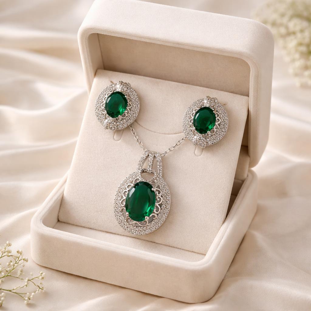 Zircon Locket Set-157 (Silver) (Green)