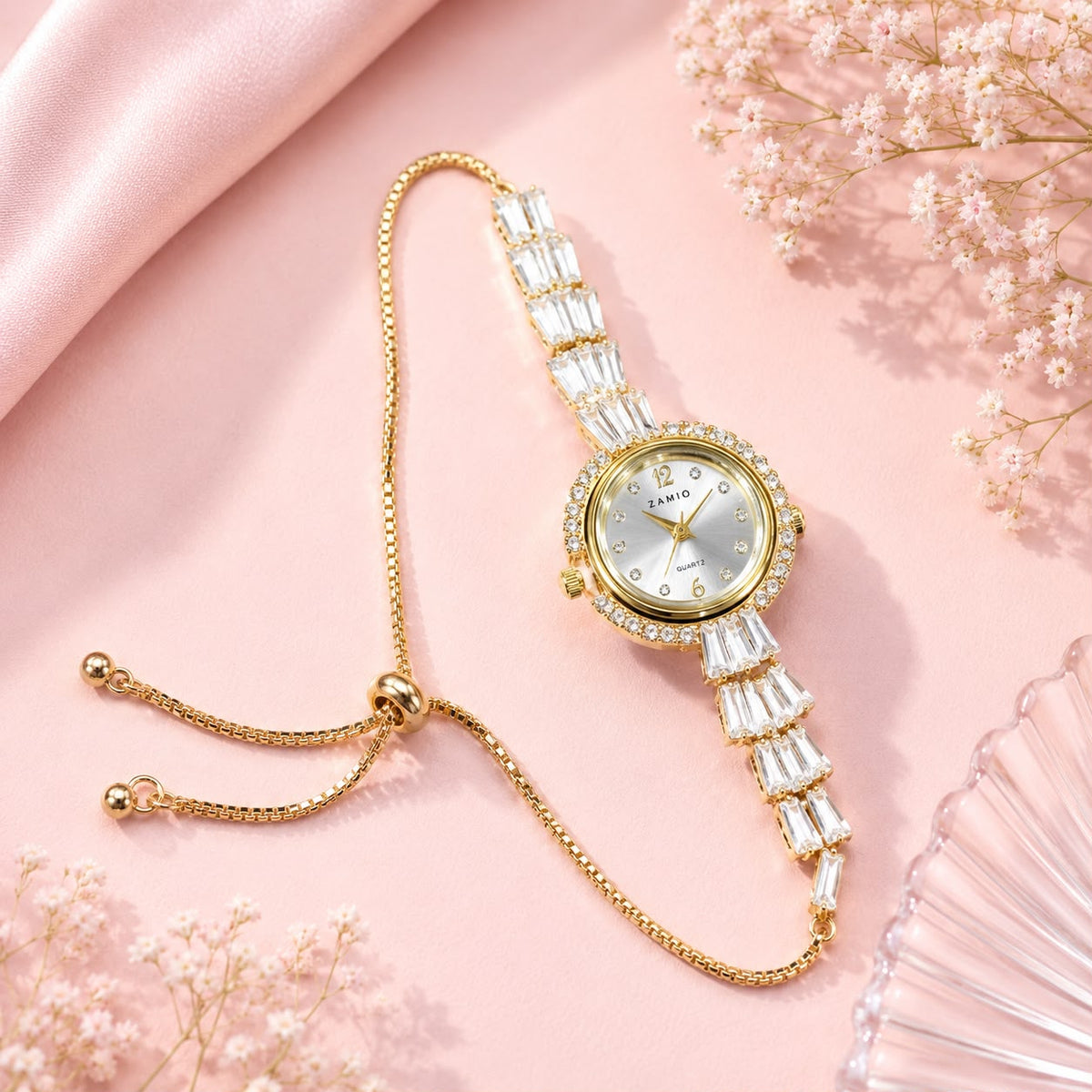 Zircon Adjustable Watch-03 (Golden/White)