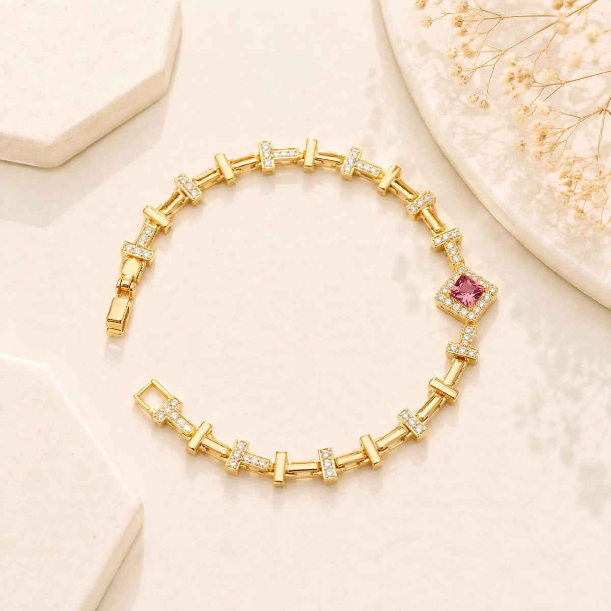 Zircon Bracelet-87 (Golden/Pink)
