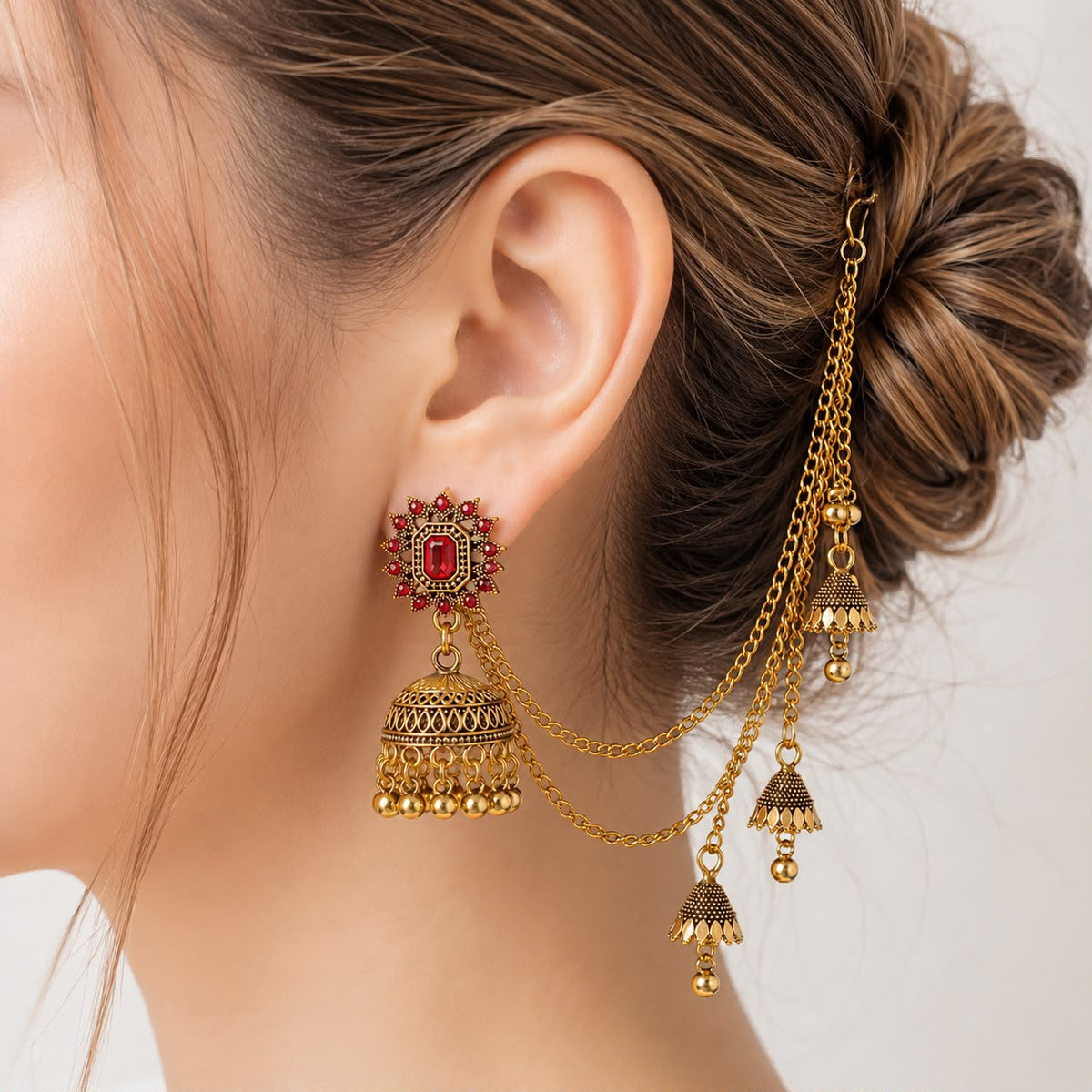 Bahubali Jhumka Hair Chain Set-01 (Maroon)