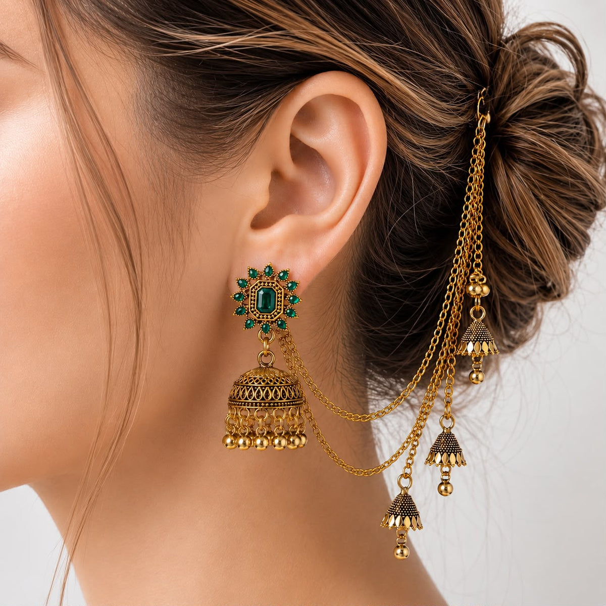 Bahubali Jhumka Hair Chain Set-01 (Green)