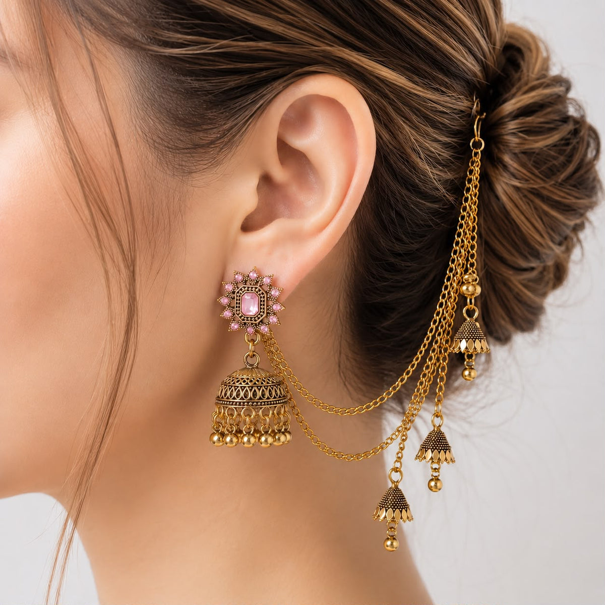 Bahubali Jhumka Hair Chain Set-01 (Pink)