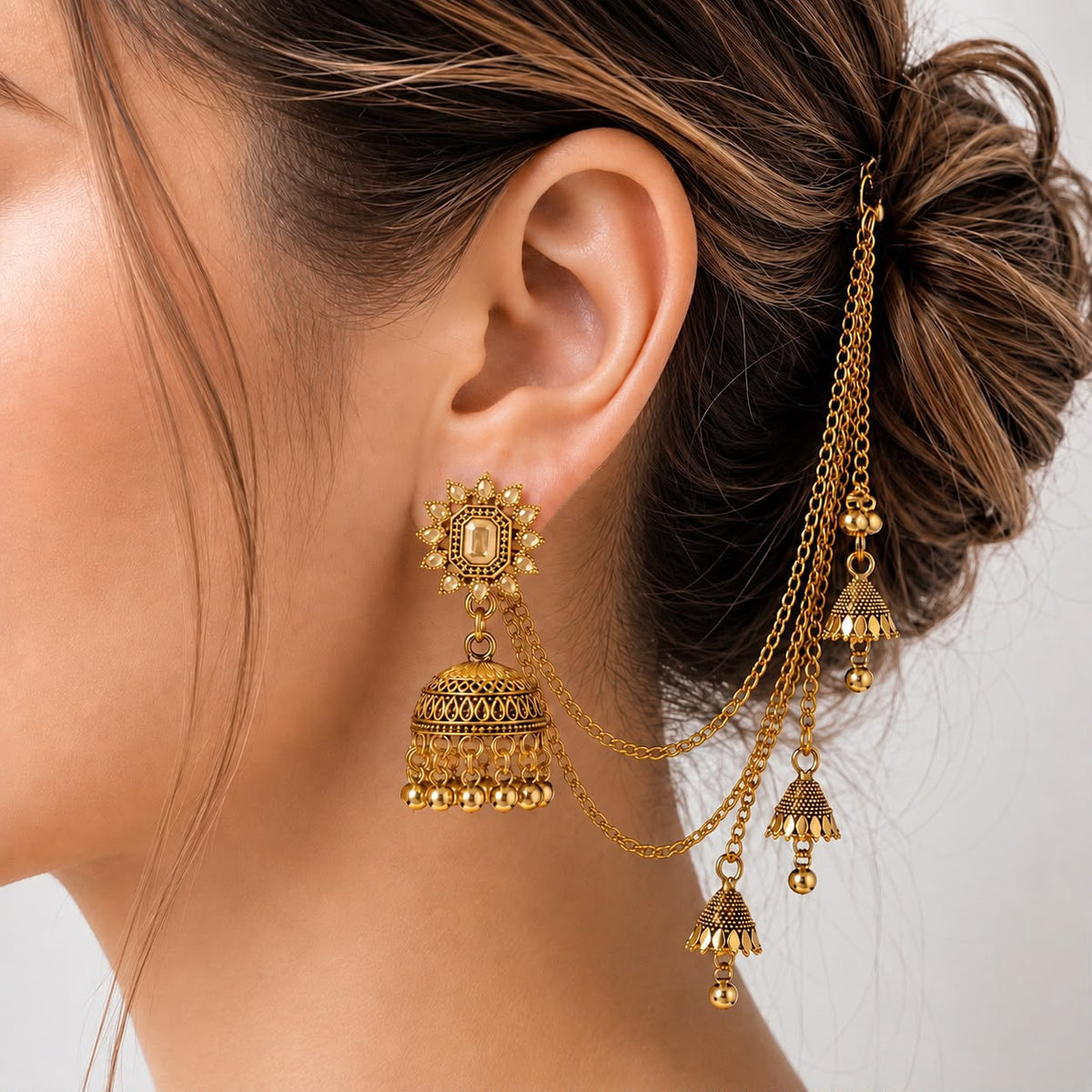 Bahubali Jhumka Hair Chain Set-01 (Golden)