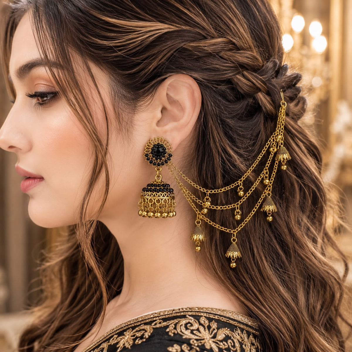 Bahubali Jhumka Hair Chain Set-02 (Black)