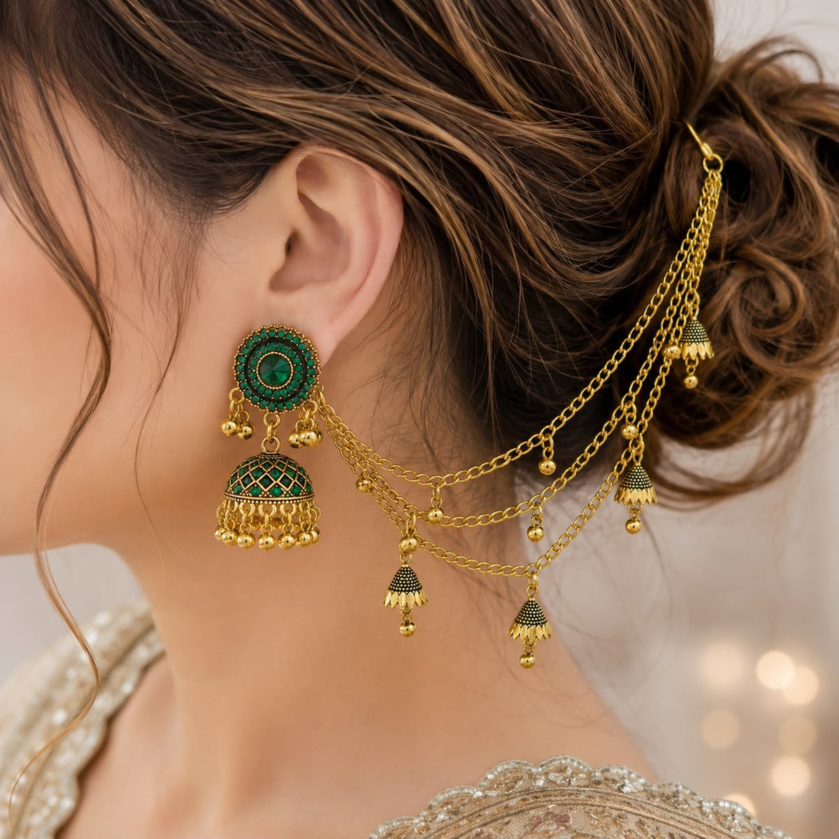 Bahubali Jhumka Hair Chain Set-03 (Green)