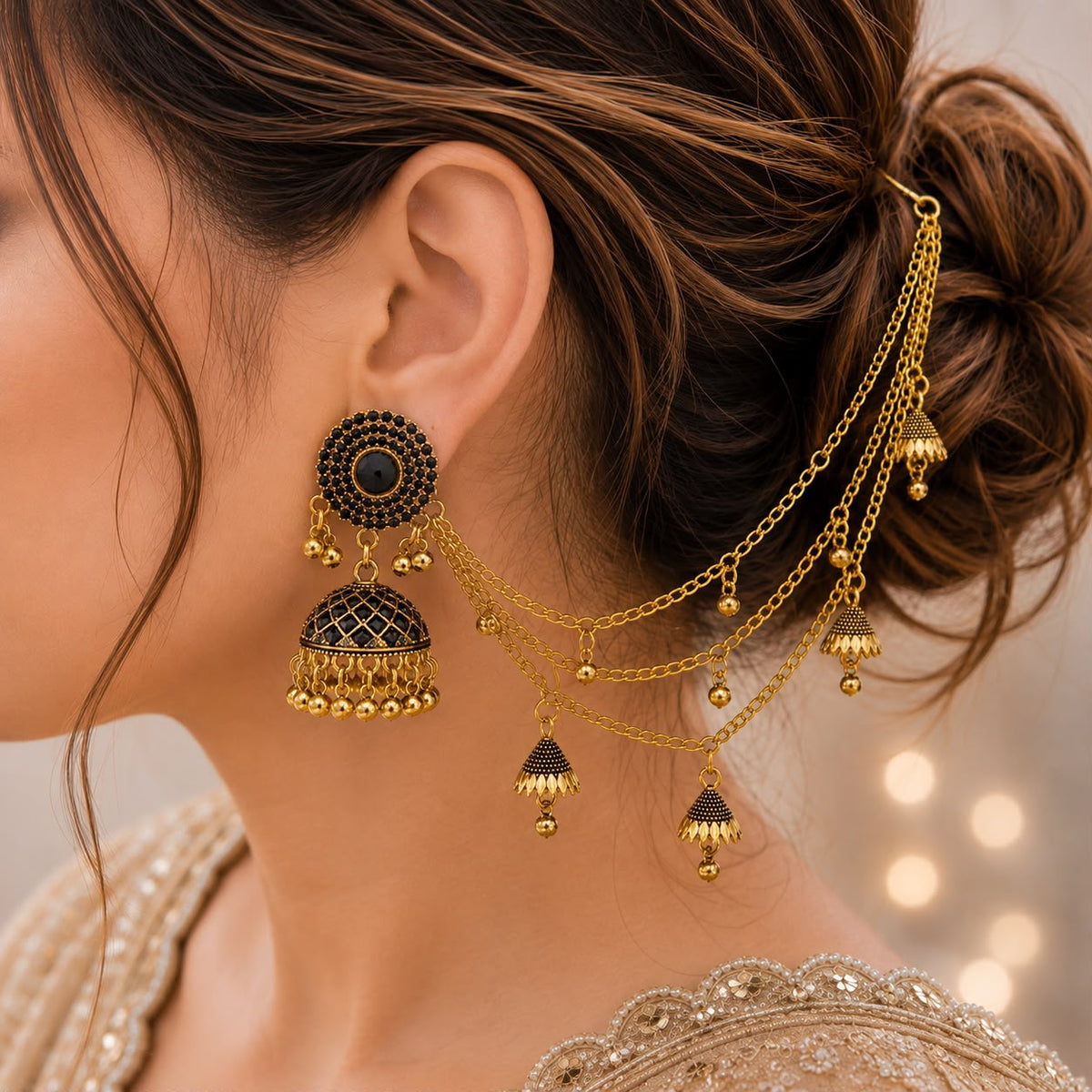 Bahubali Jhumka Hair Chain Set-03 (Black)
