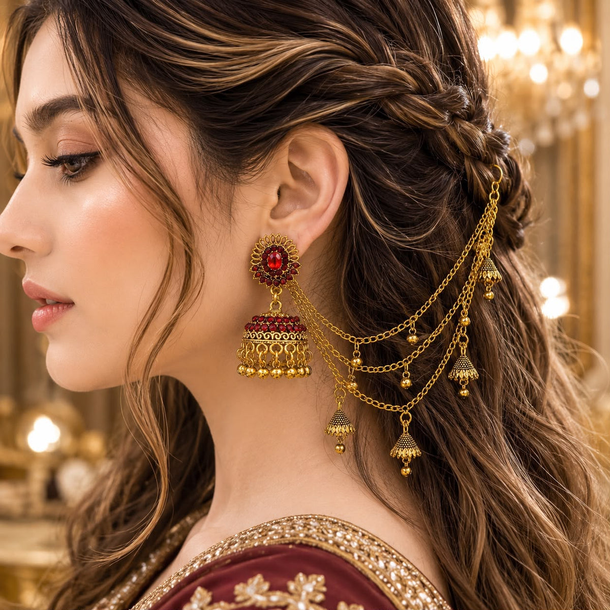 Bahubali Jhumka Hair Chain Set-02 (Maroon)
