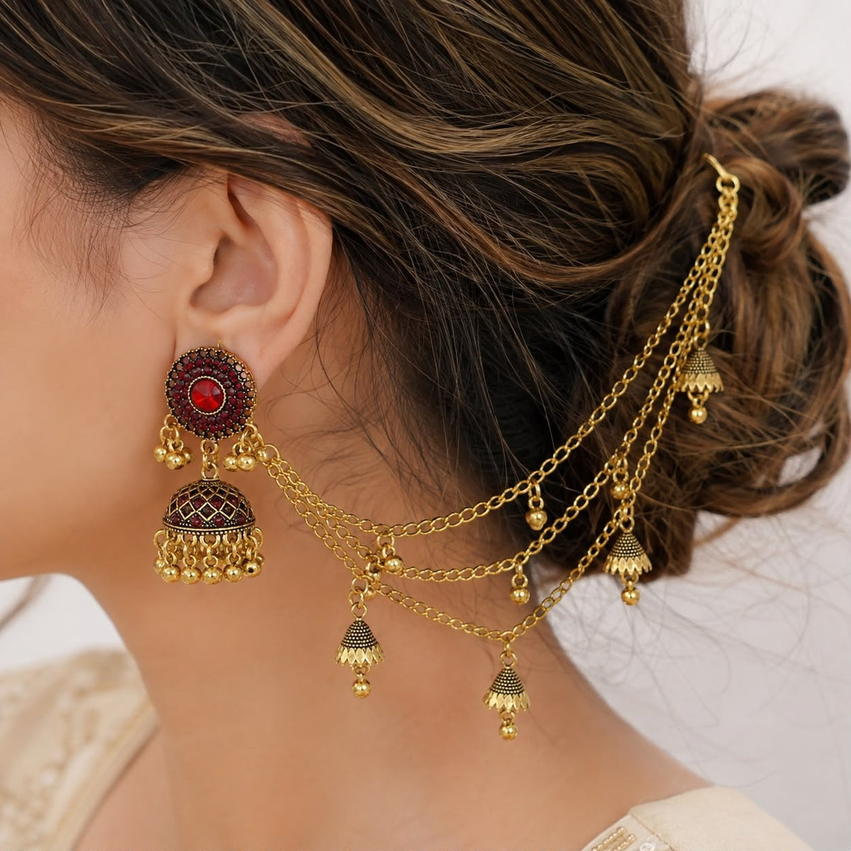 Bahubali Jhumka Hair Chain Set-03 (Maroon)