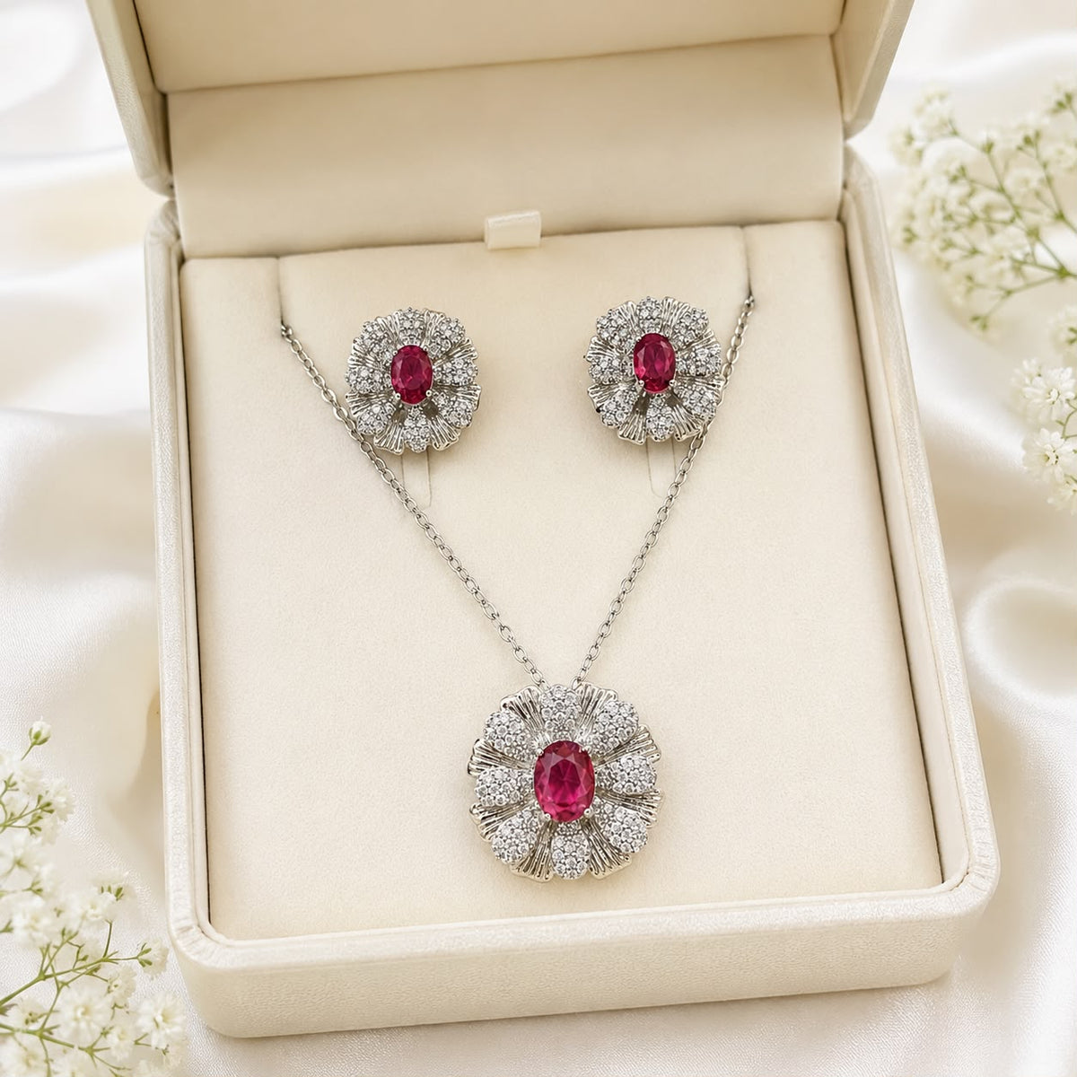 Zircon Locket Set-190 (Silver/Pink)