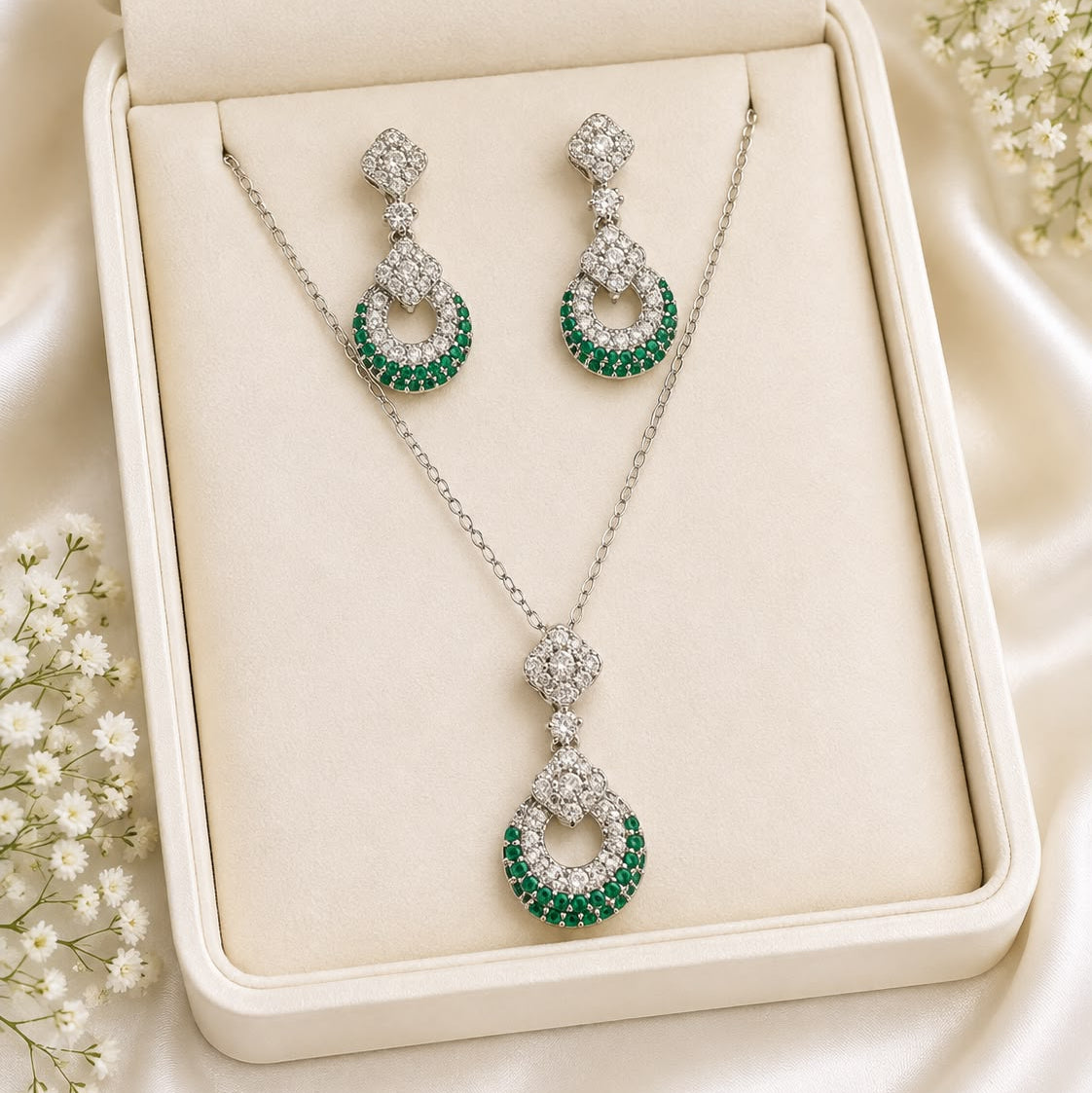 Zircon Locket Set-175 (Silver/Green)