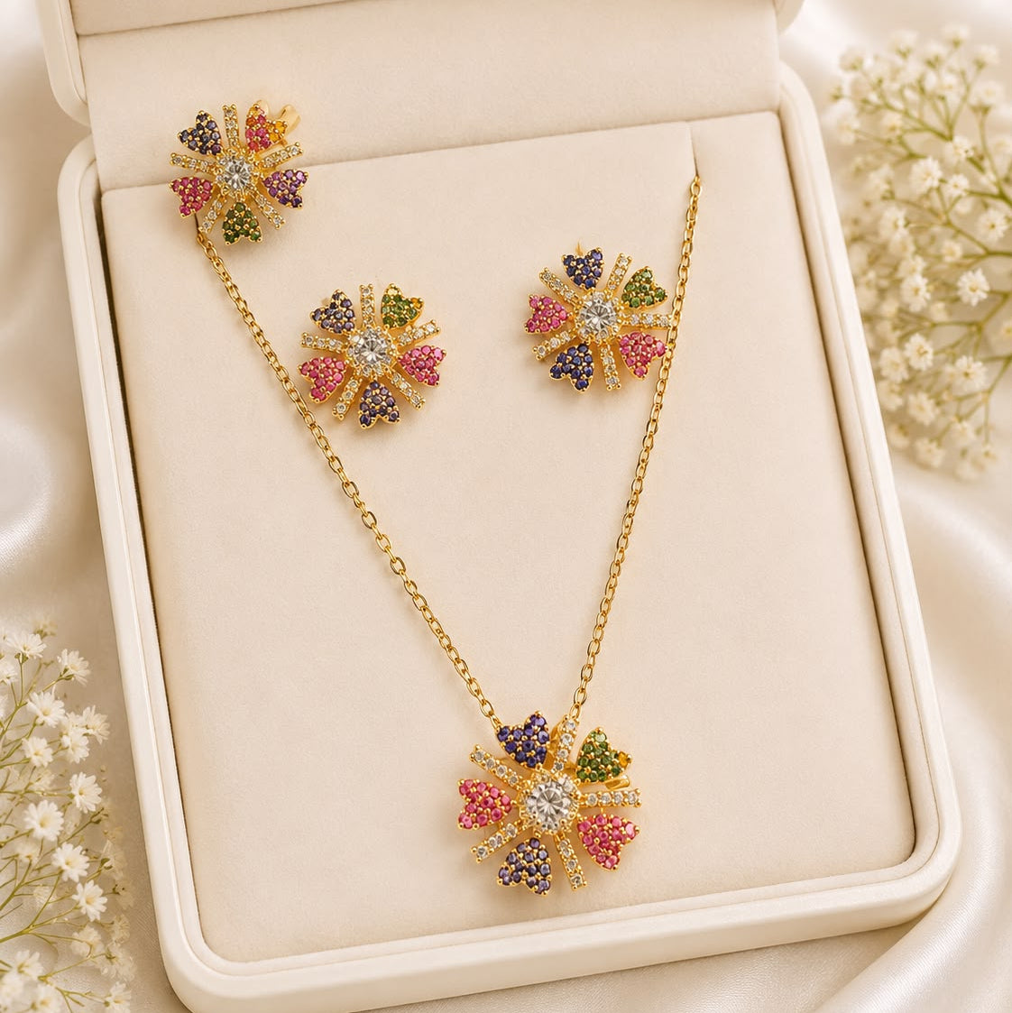 Zircon Locket Set-177 (Golden/Multi)