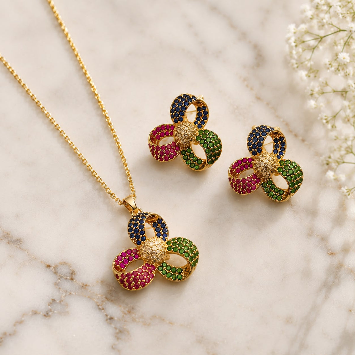 Zircon Locket Set-179 (Golden/Multi)