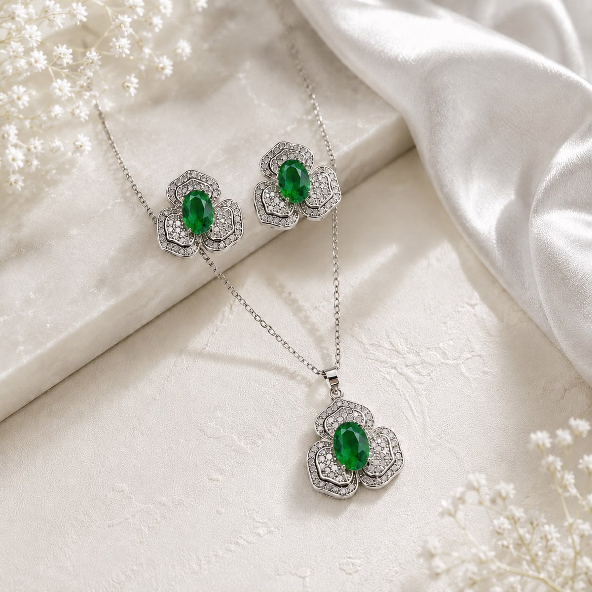 Zircon Locket Set-181 (Silver/Green)