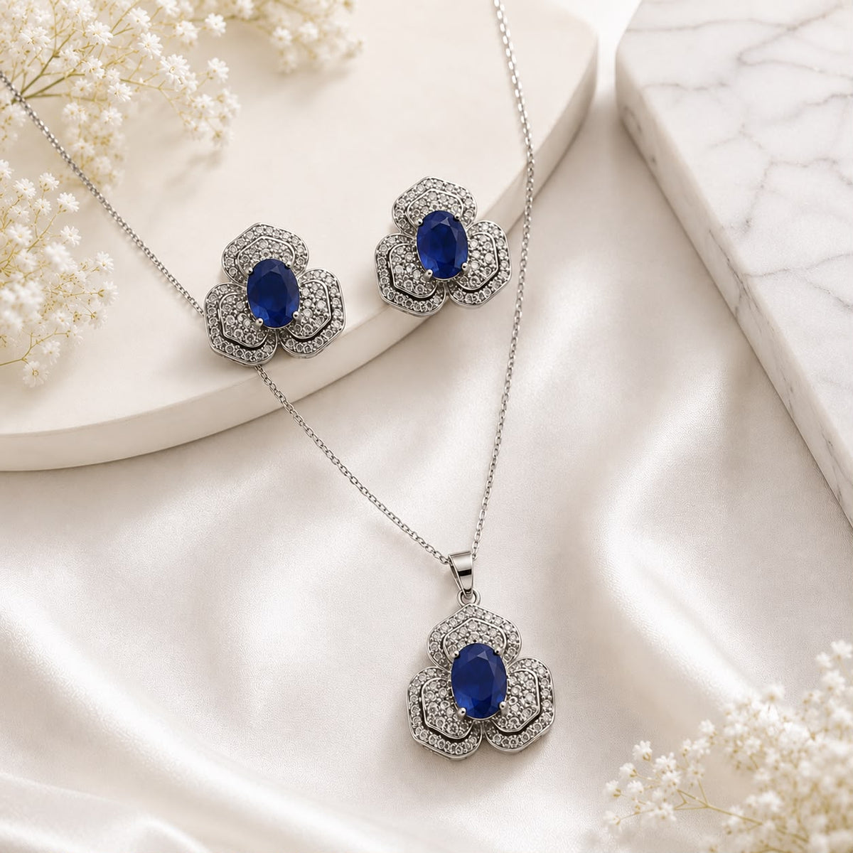 Zircon Locket Set-181 (Silver/Blue)