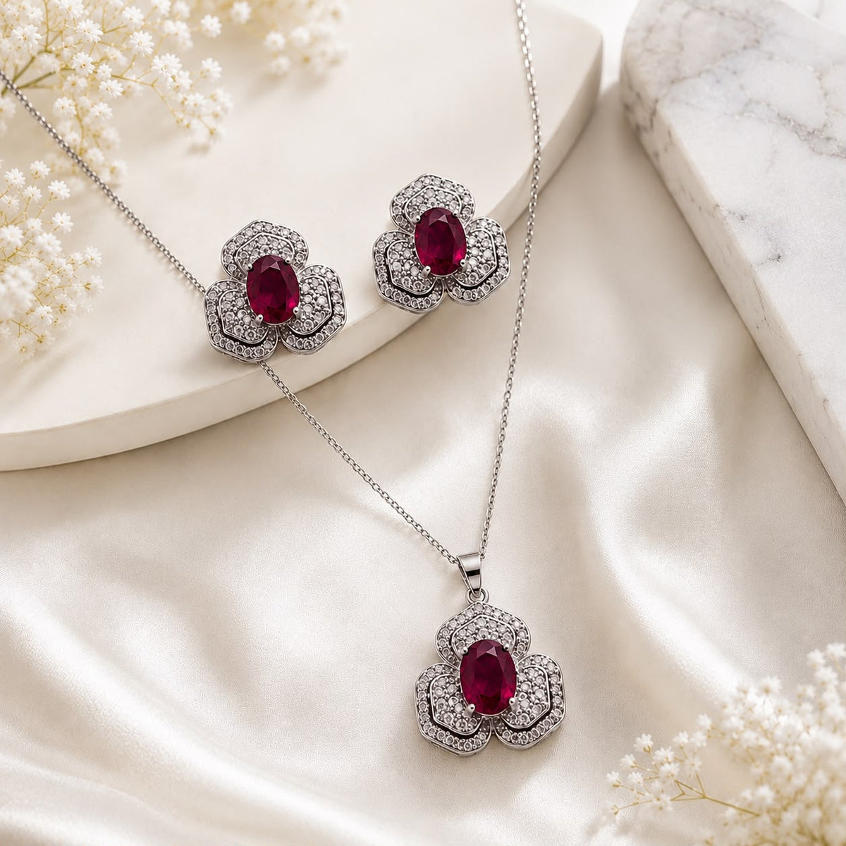 Zircon Locket Set-181 (Silver/Maroon)