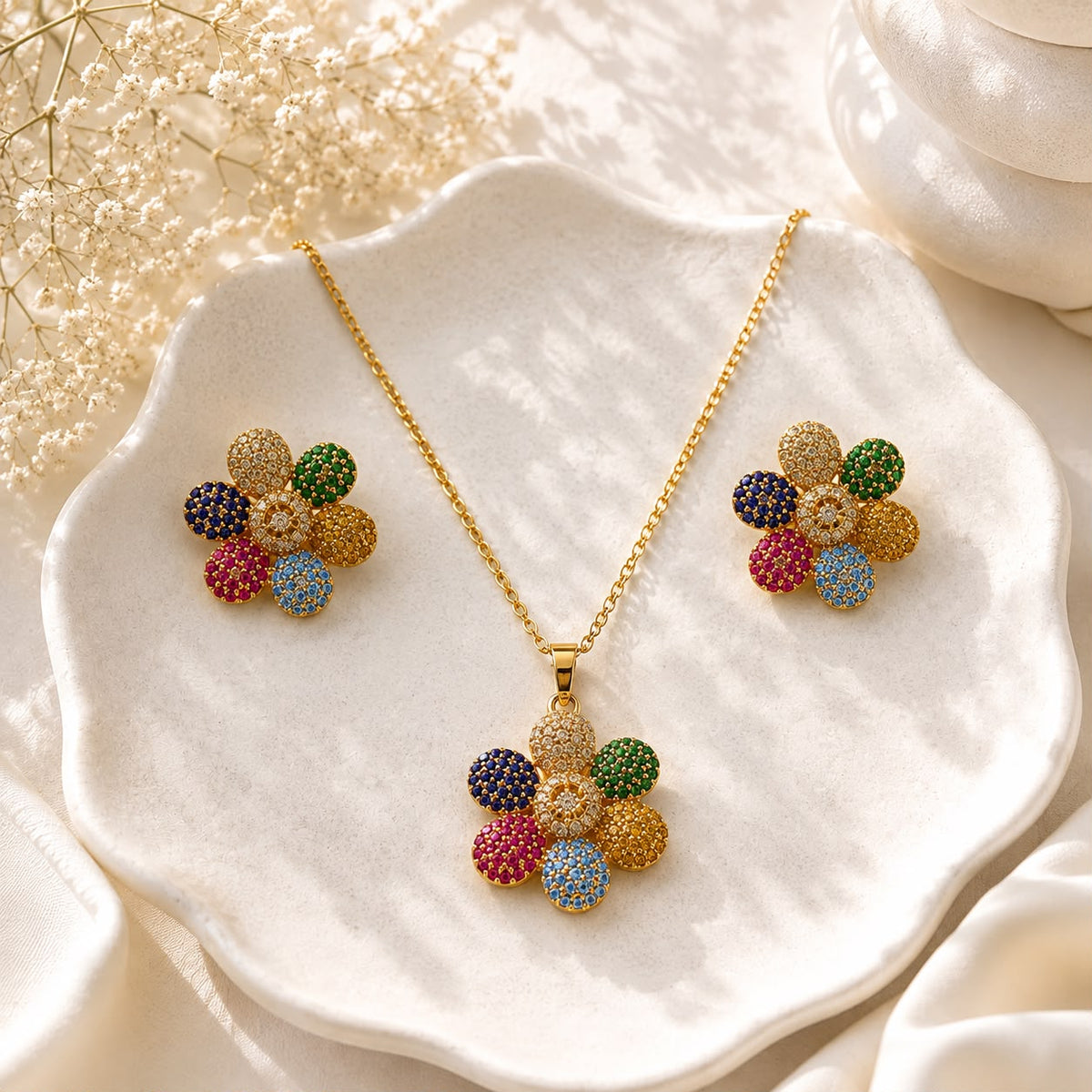 Zircon Locket Set-182 (Golden/Multi)