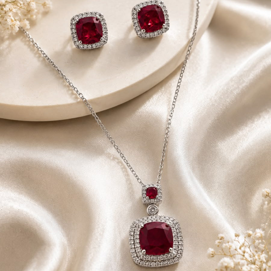 Zircon Locket Set-187 (Silver/Maroon)