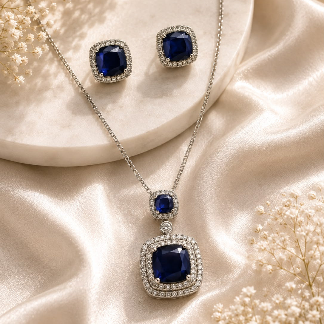 Zircon Locket Set-187 (Silver/Blue)