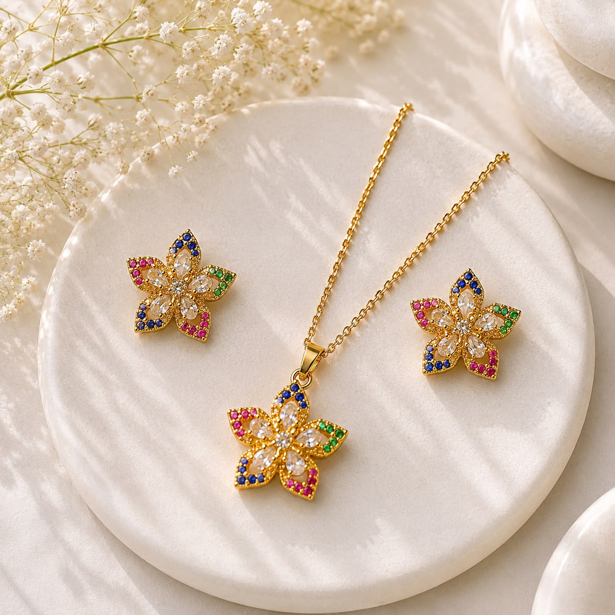 Zircon Locket Set-189 (Golden/Multi)