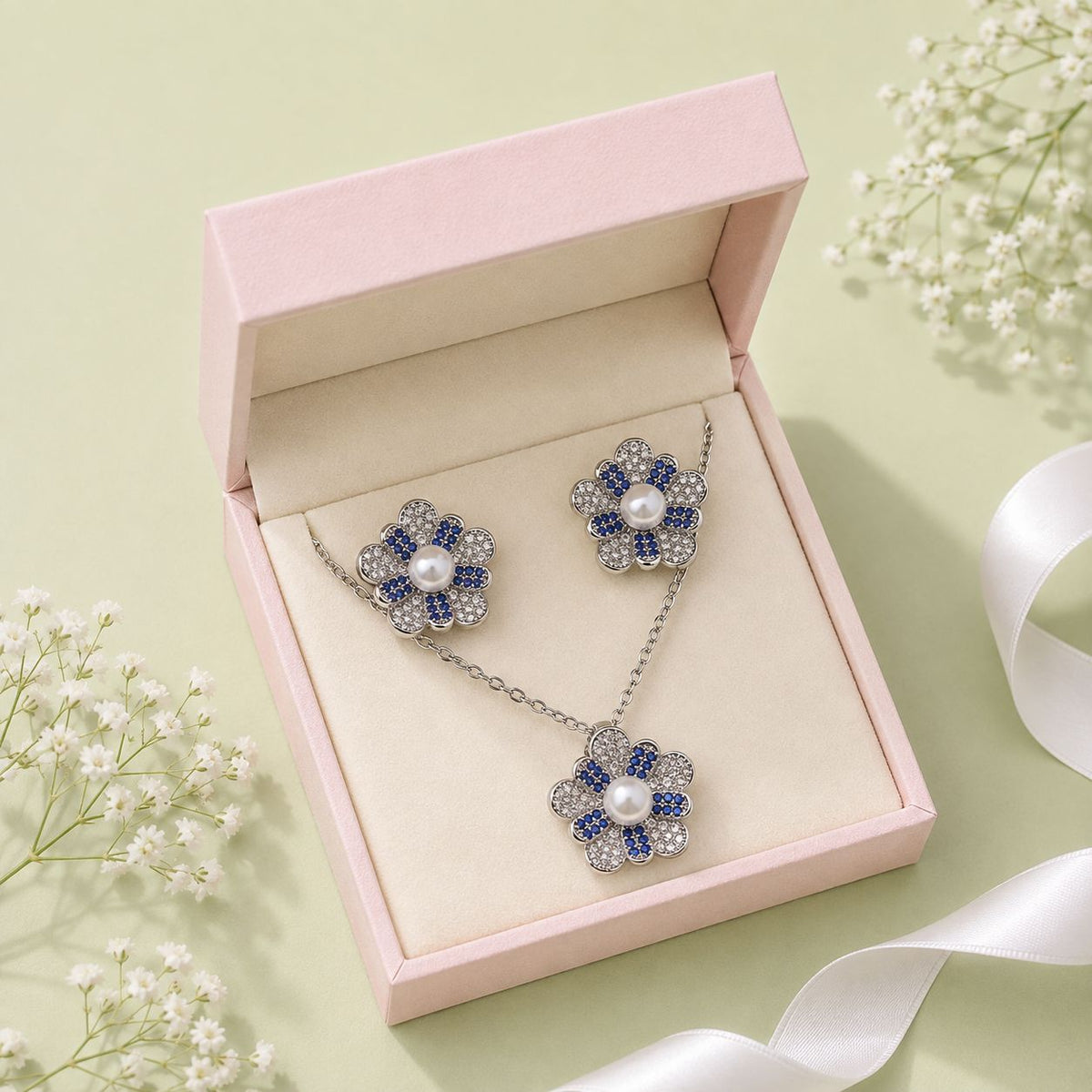 Zircon Locket Set-191 (Silver/Blue)