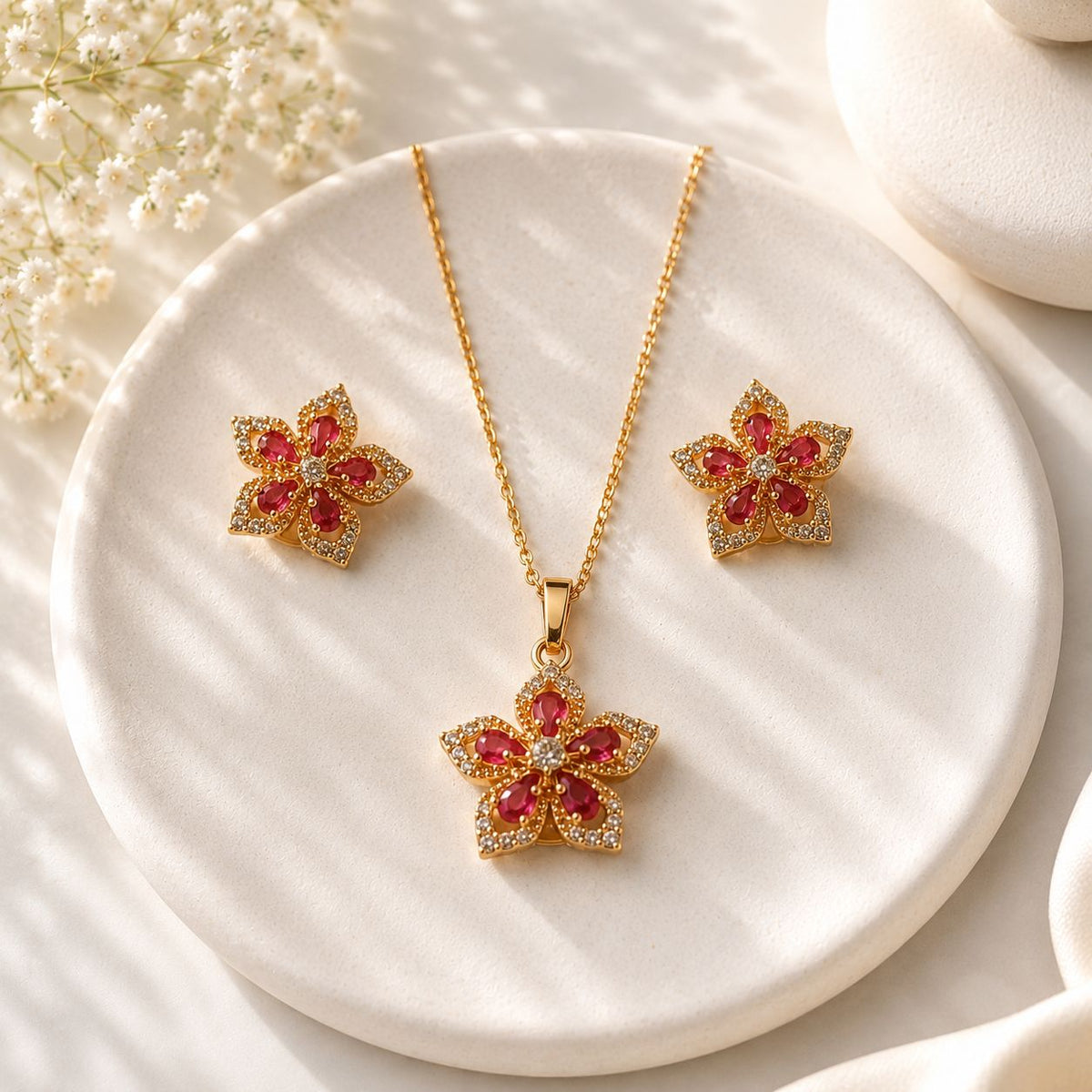 Zircon Locket Set-189 (Golden/Pink)