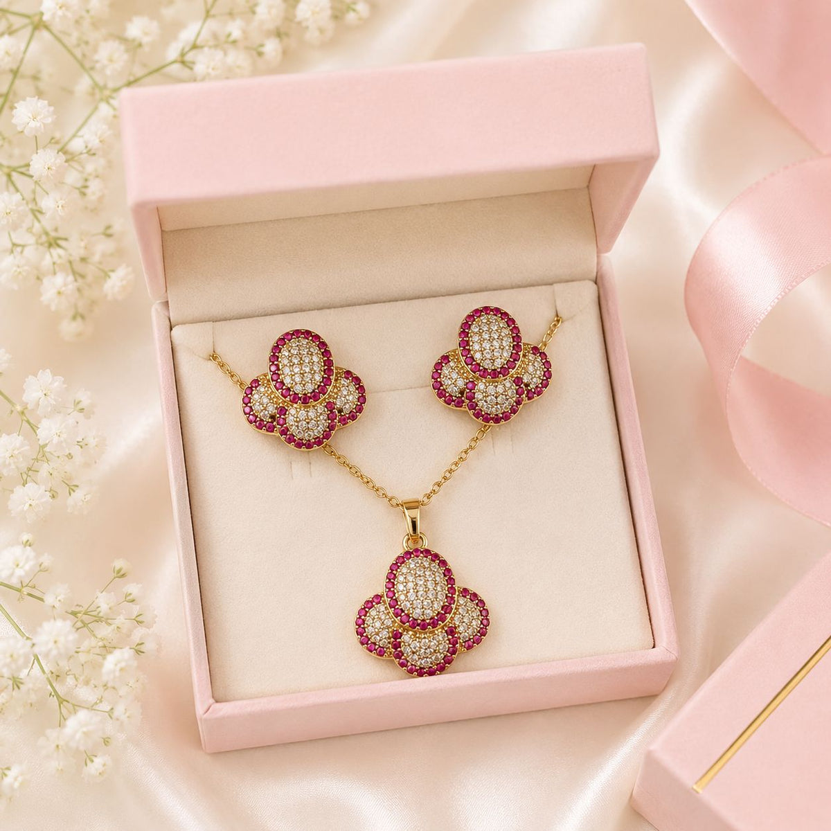 Zircon Locket Set-192 (Golden/Pink)