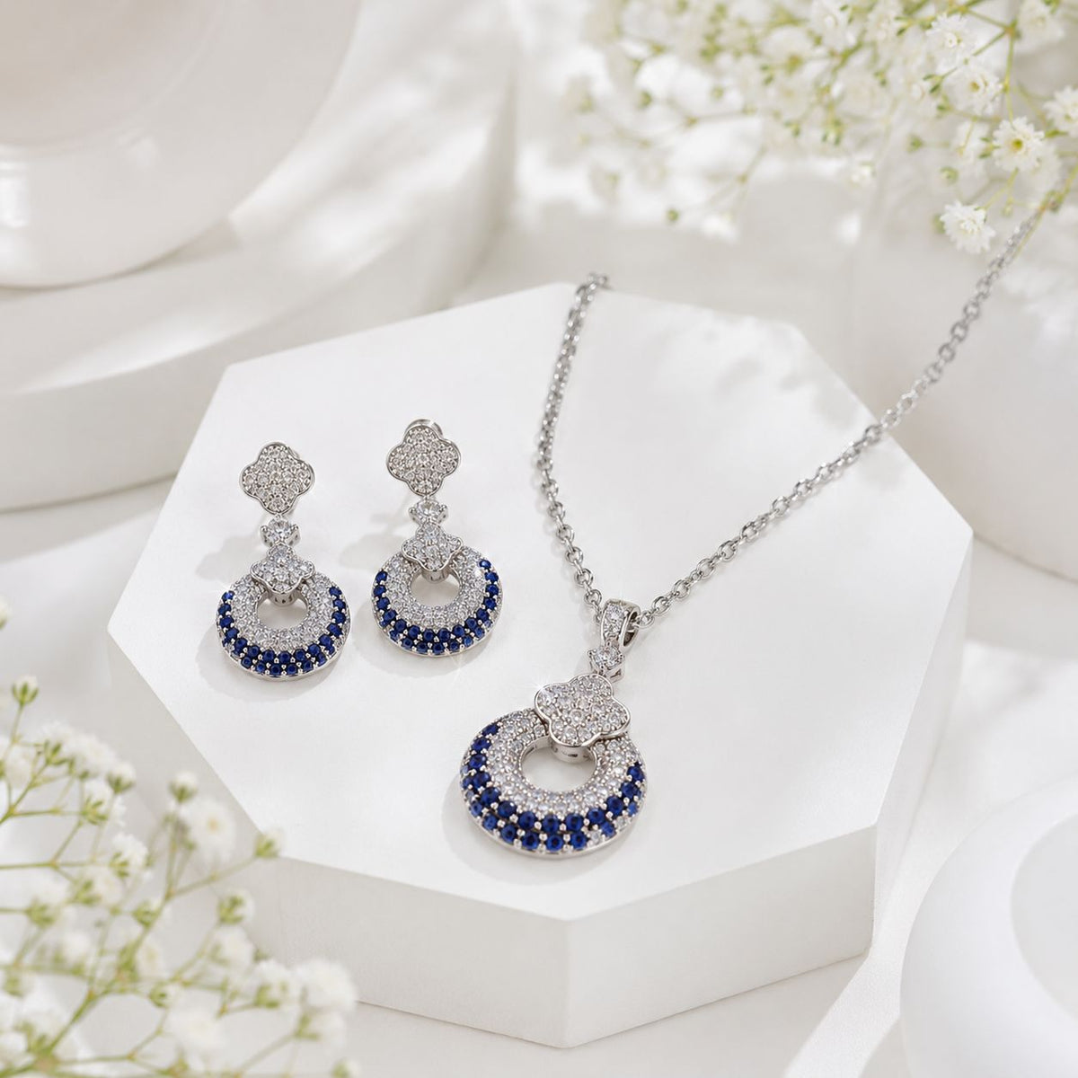 Zircon Locket Set-175 (Silver/Blue)
