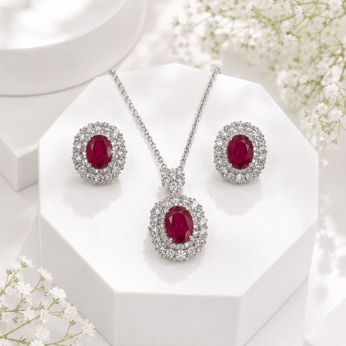 Zircon Locket Set-195 (Silver/Maroon)