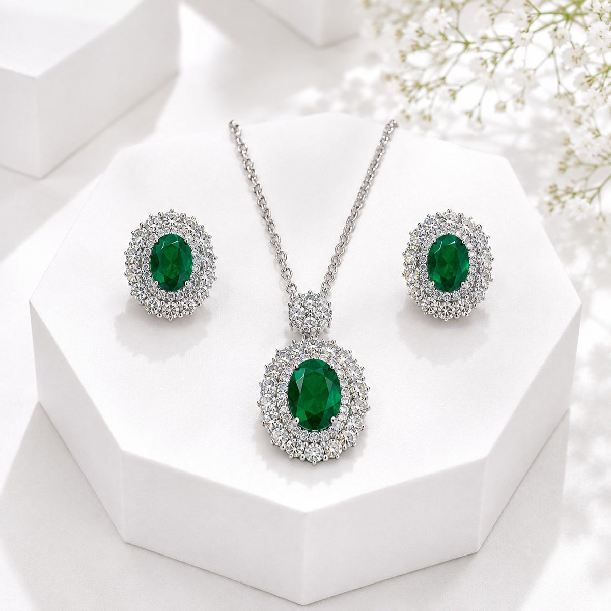 Zircon Locket Set-195 (Silver/Green)