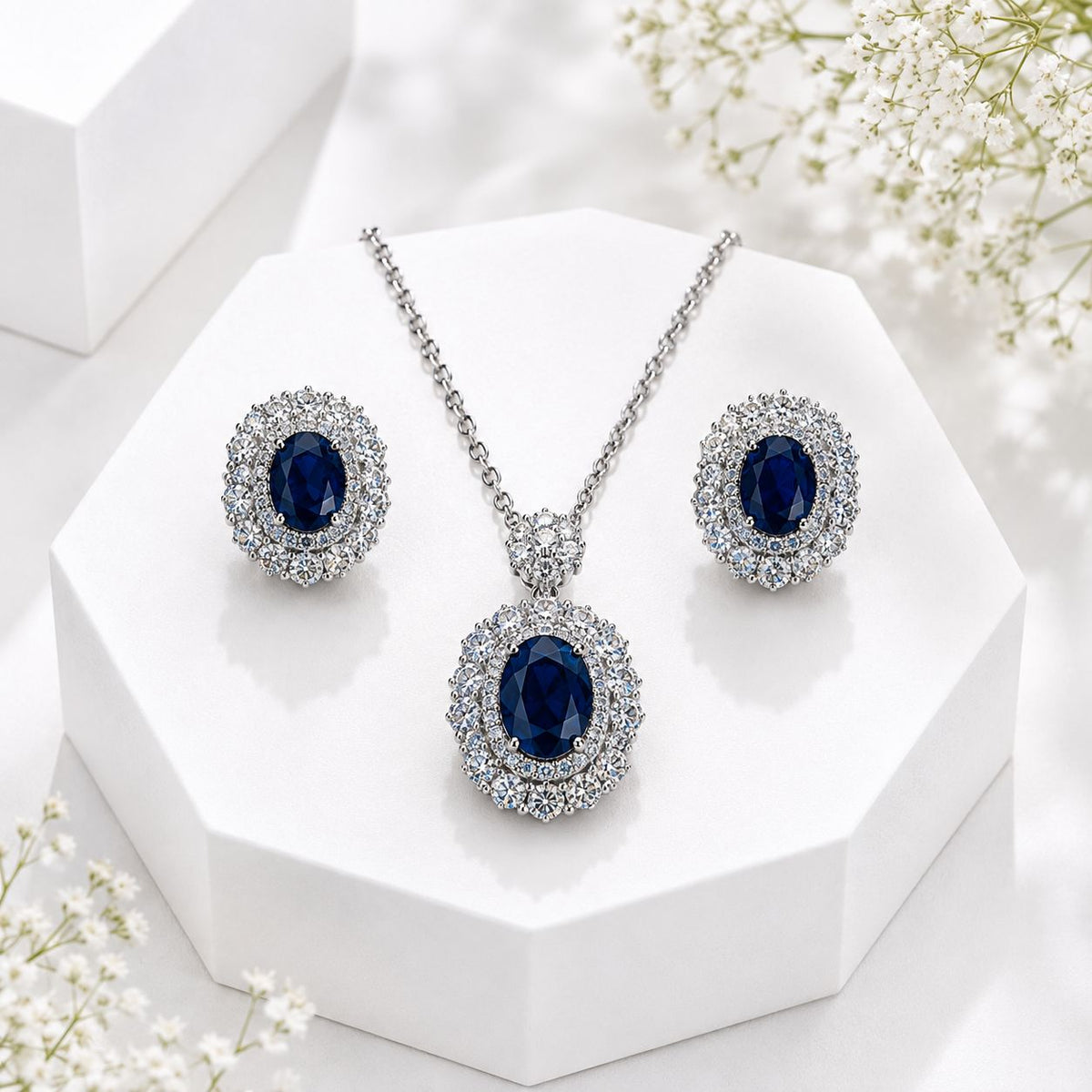 Zircon Locket Set-195 (Silver/Blue)