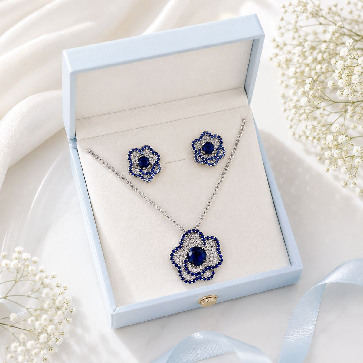 Zircon Locket Set-196 (Silver/Blue)