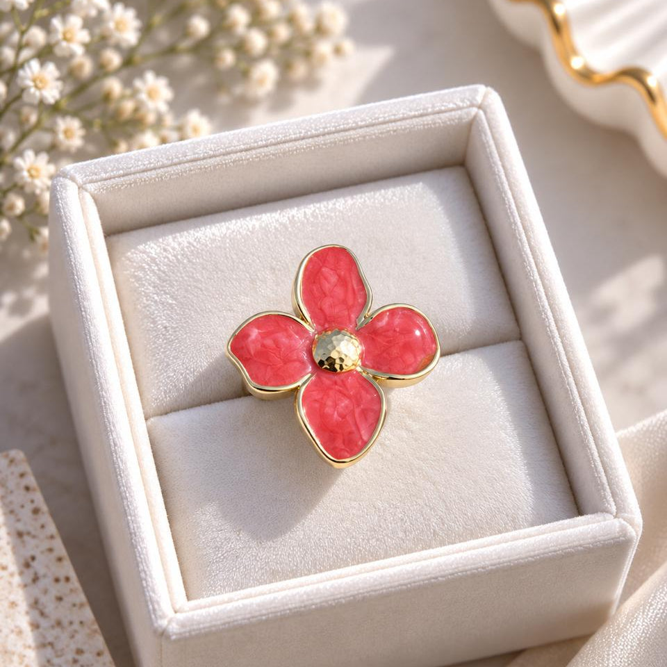 Flower Enamel Statement Ring (Red)