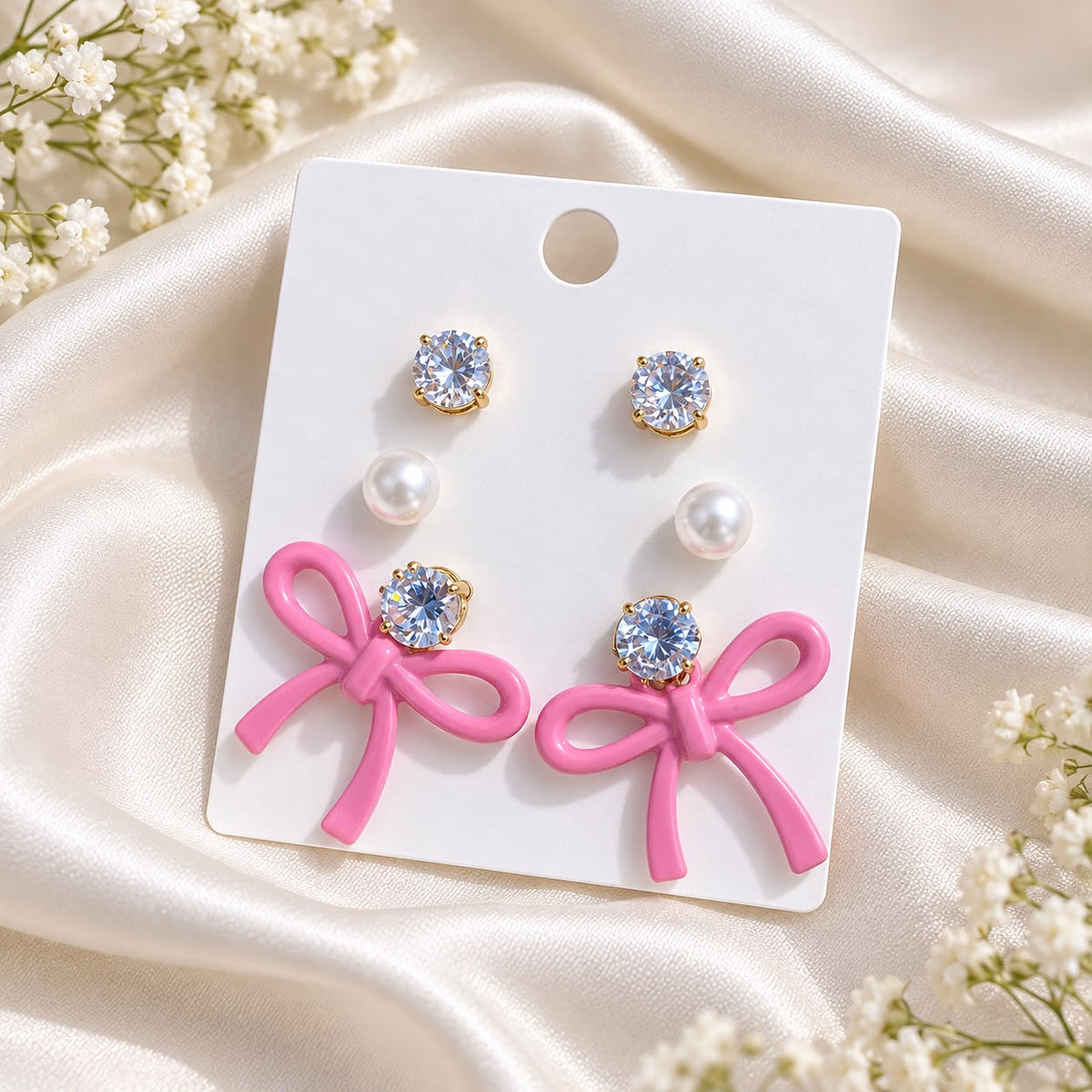 Bow Earring Trio Set (Pink)