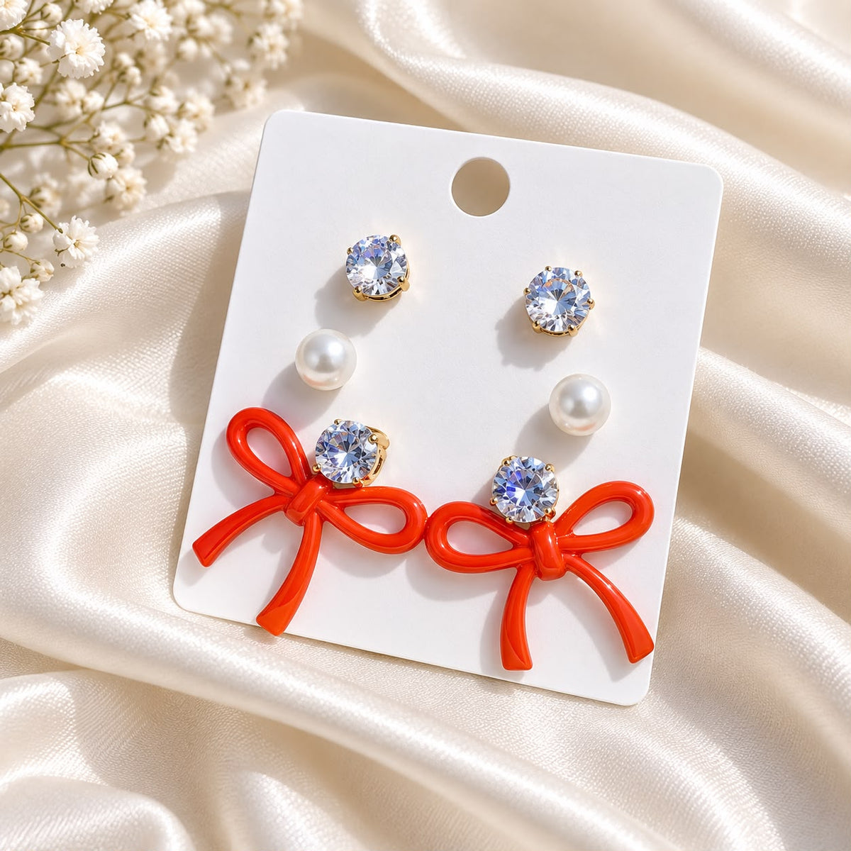 Bow Earring Trio Set (Red)