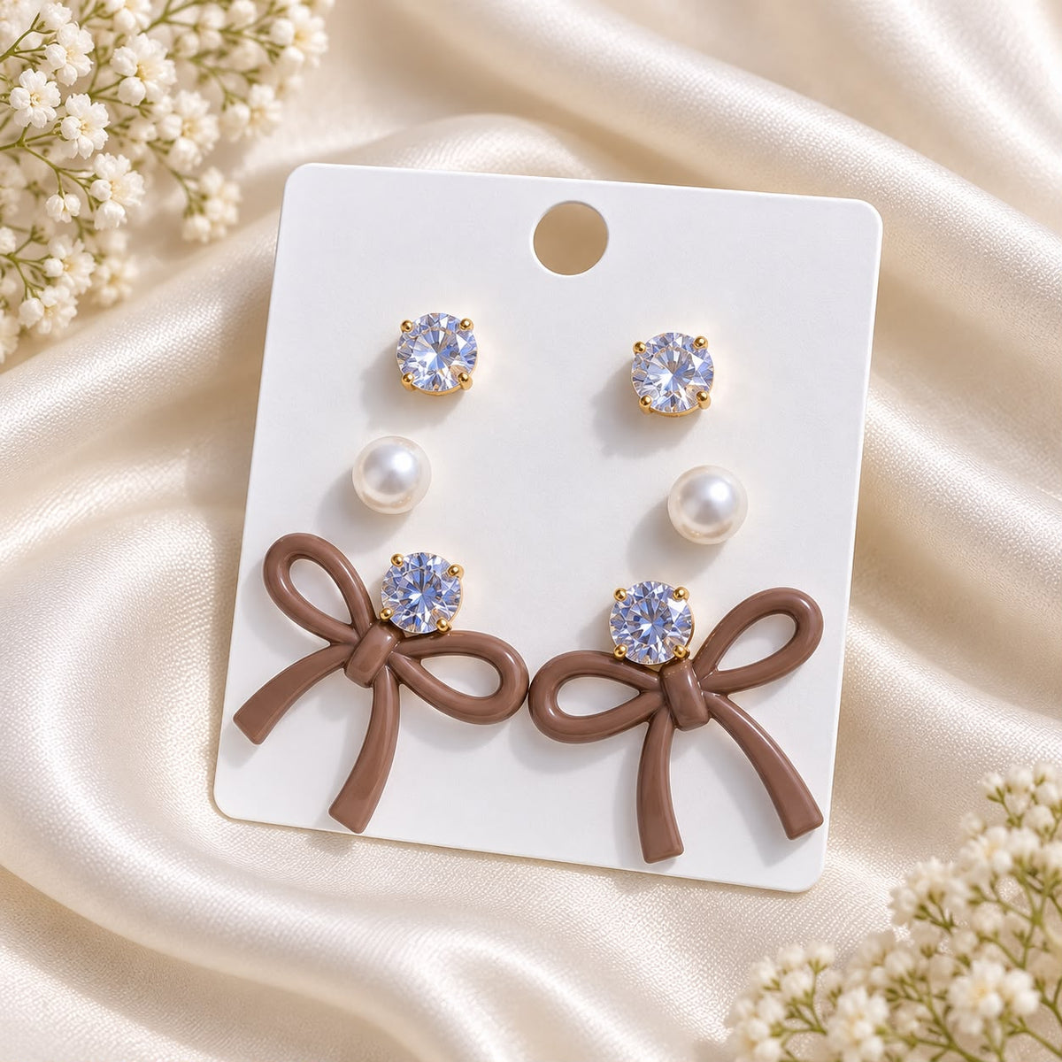 Bow Earring Trio Set (Brown)