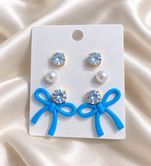 Bow Earring Trio Set (Blue)