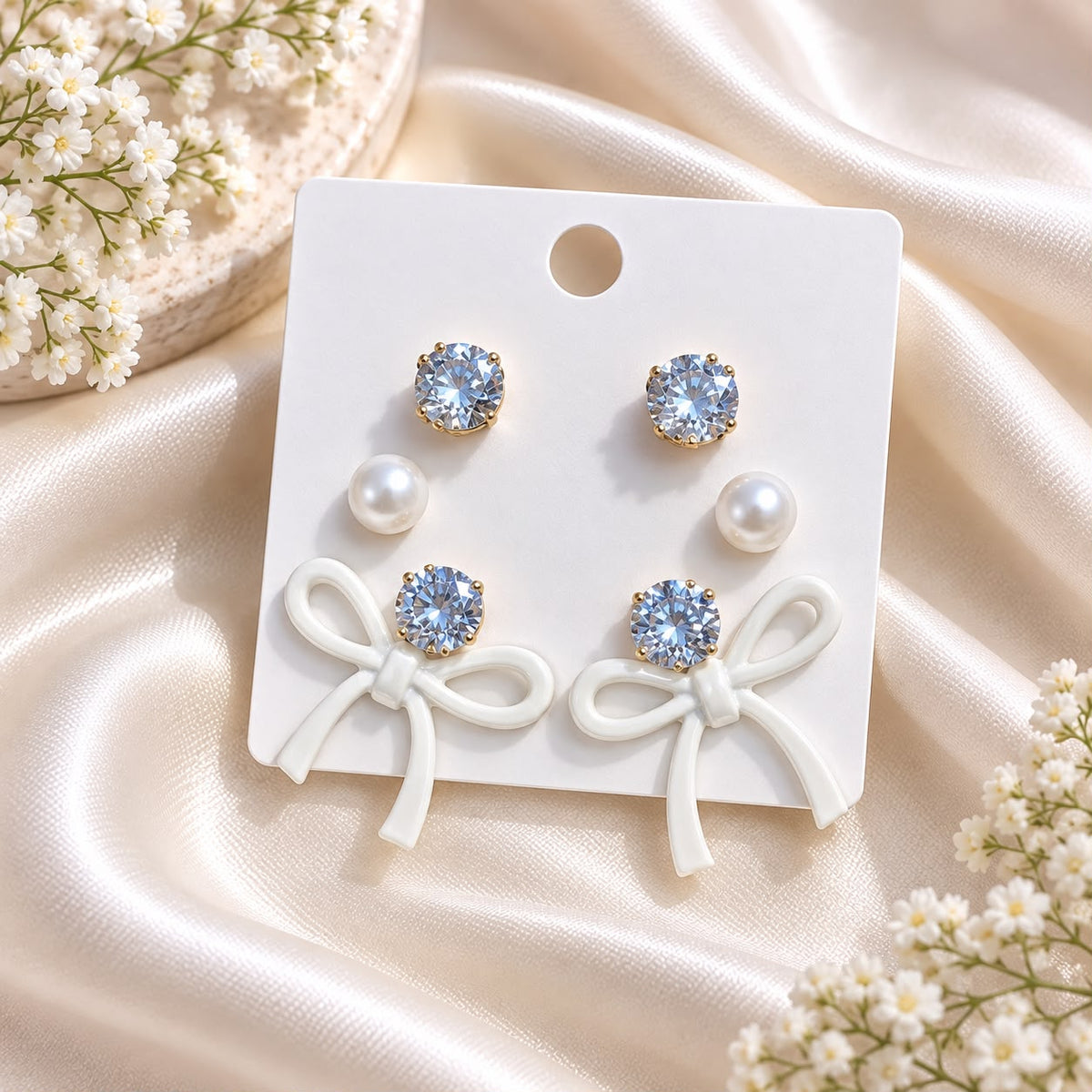 Bow Earring Trio Set (White)