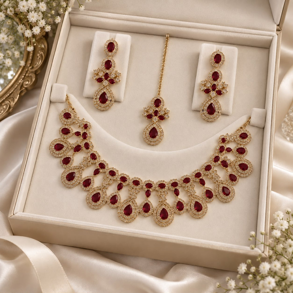 Zircon Necklace-55 (Golden/Maroon)