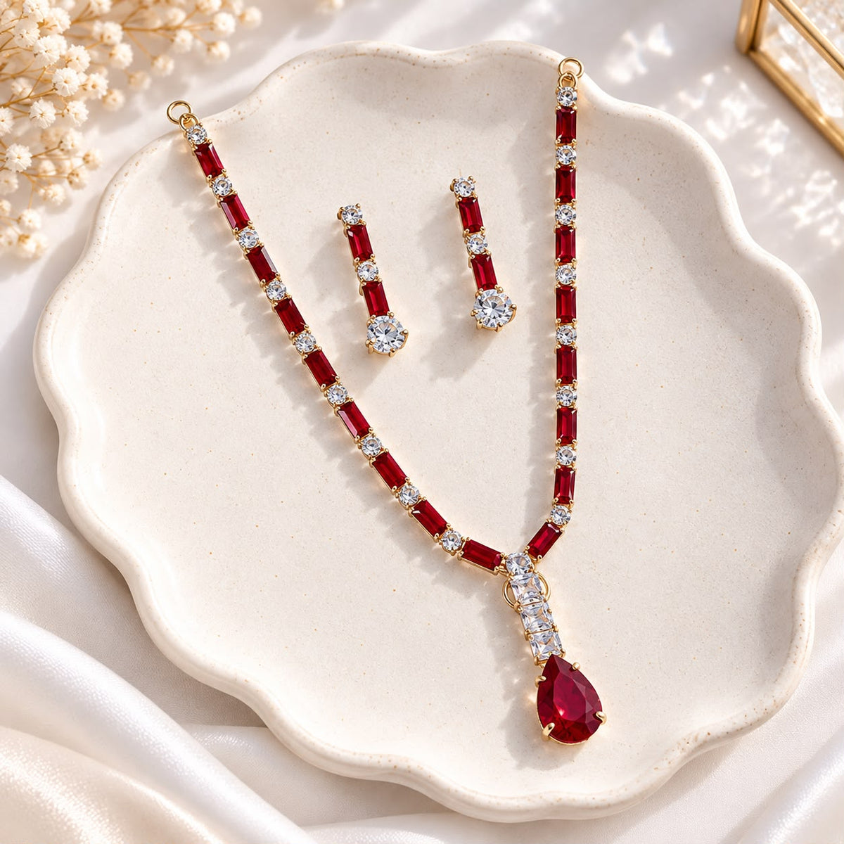 Zircon Necklace-64 (Golden/Maroon)
