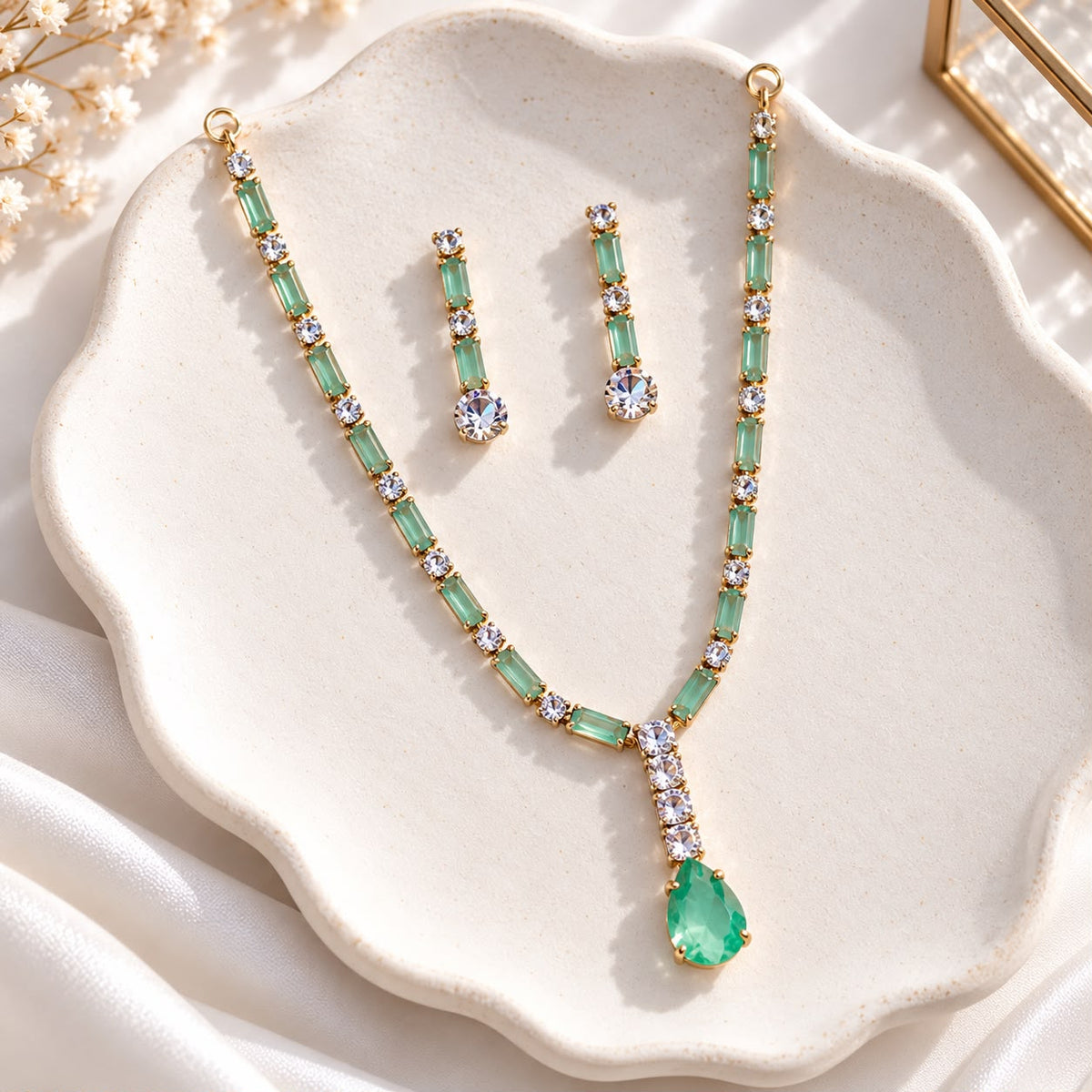 Zircon Necklace-64 (Golden/Mint Green)