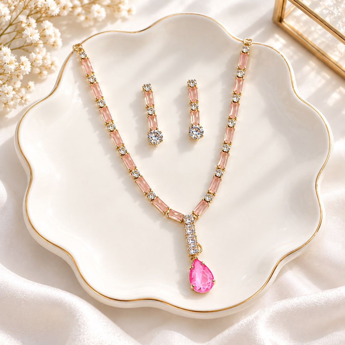 Zircon Necklace-64 (Golden/Pink)