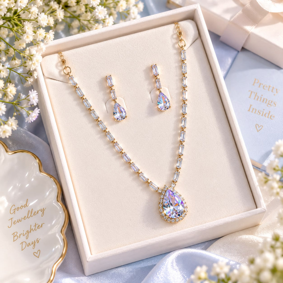 Zircon Necklace-65 (Golden/White)